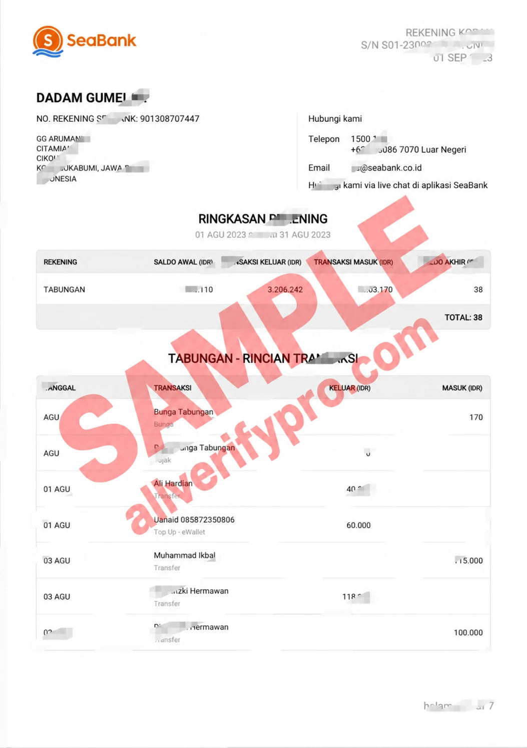 Modèle de relevé bancaire de la banque SeaBank d’Indonésie aux formats Word et PDF (7 pages)