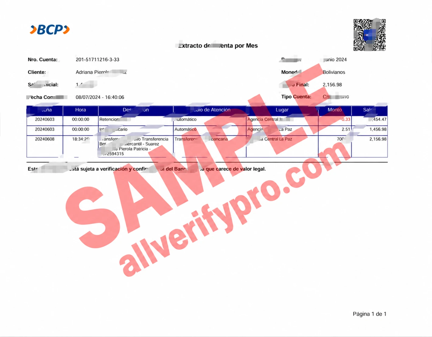 Modèle de relevé bancaire de la banque BCP de Bolivie aux formats Word et PDF