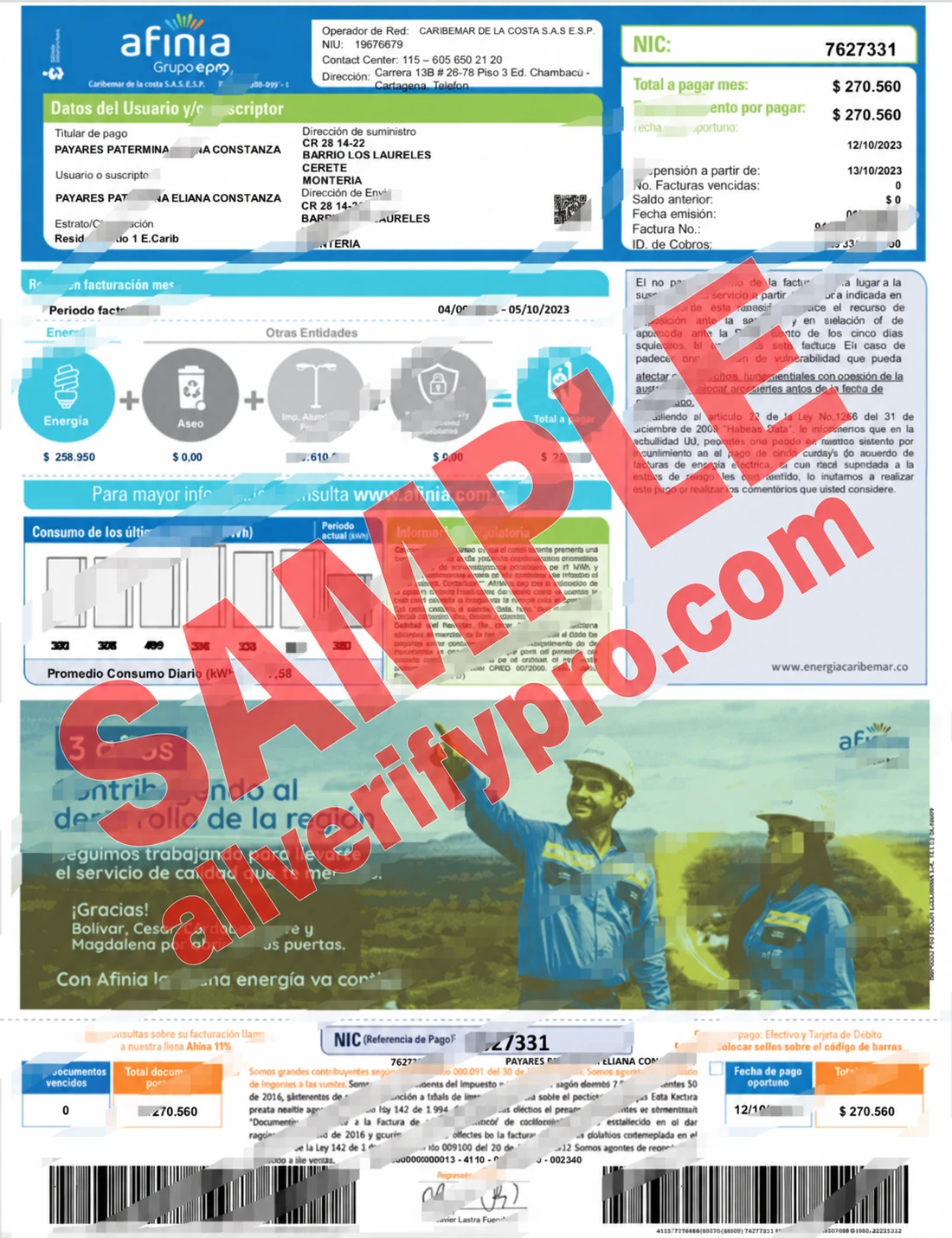 แม่แบบใบแจ้งค่าสาธารณูปโภค Afinia ประเทศโคลอมเบีย ในรูปแบบ Word และ PDF (2 หน้า)