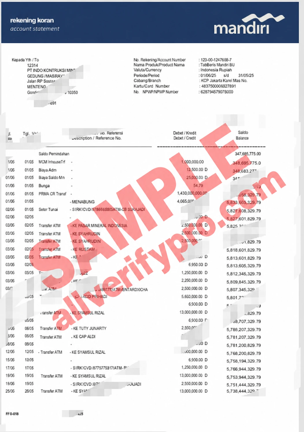 Indonesian Mandiri Bank Statement Template (Word and PDF) (2 pages)