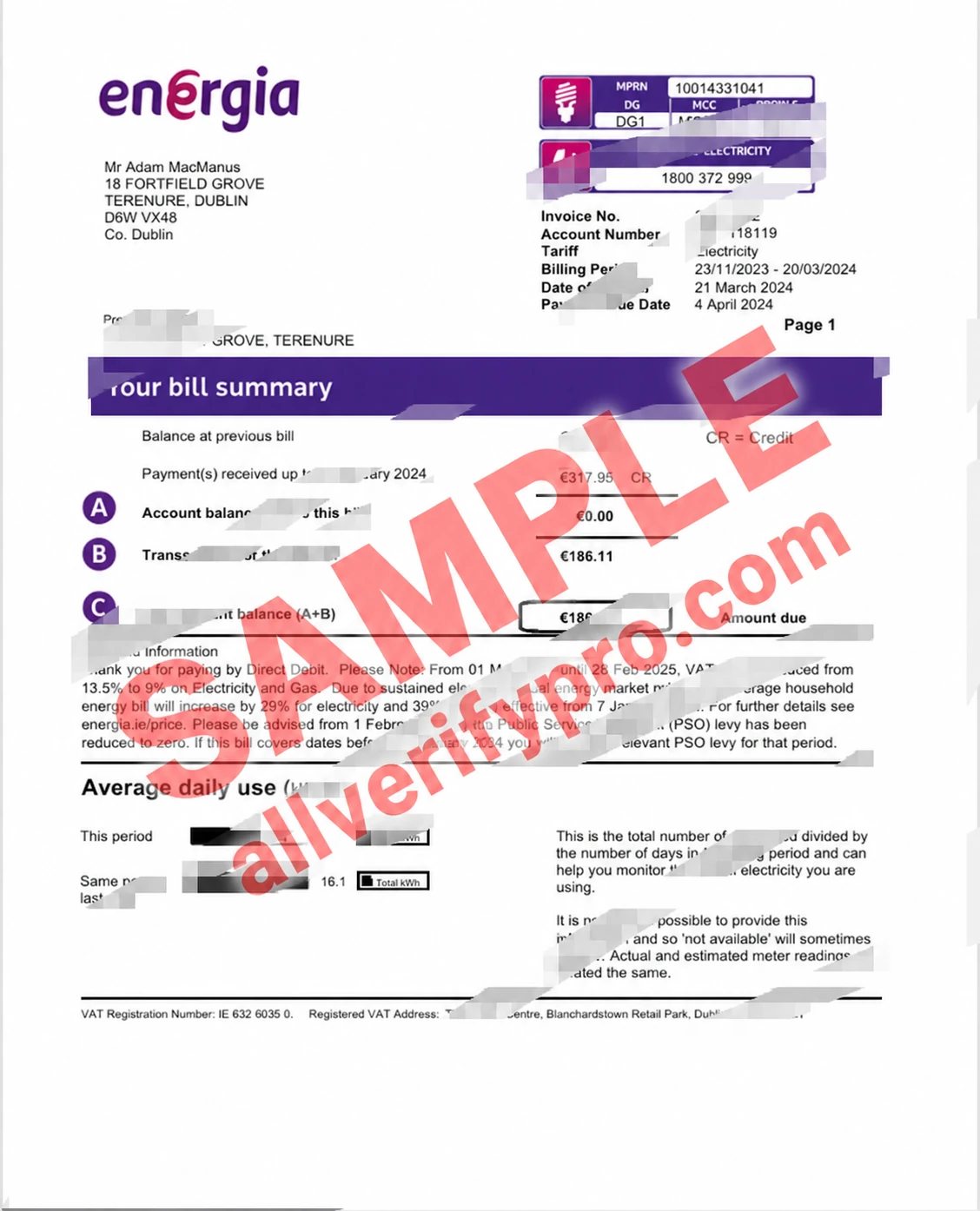 Ireland Energy Bill Template (Word and PDF) (4 pages)