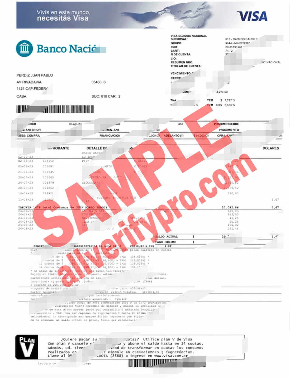 Plantilla de estado de cuenta de tarjeta de crédito del Banco Nacional de Argentina en Word y PDF (3 páginas)