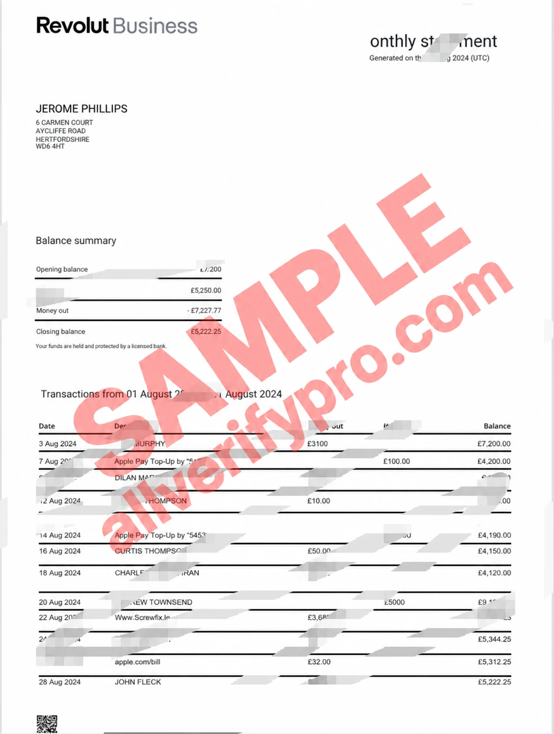 Plantilla de estado de cuenta del banco comercial Revolut del Reino Unido en Word y PDF (3 páginas)