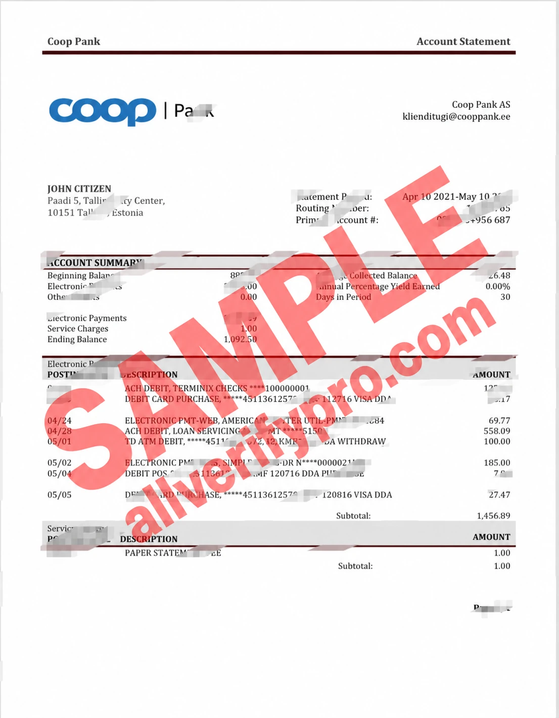 เทมเพลตรายการเดินบัญชีธนาคาร Coop Bank ประเทศเอสโตเนีย ในรูปแบบ Word และ PDF