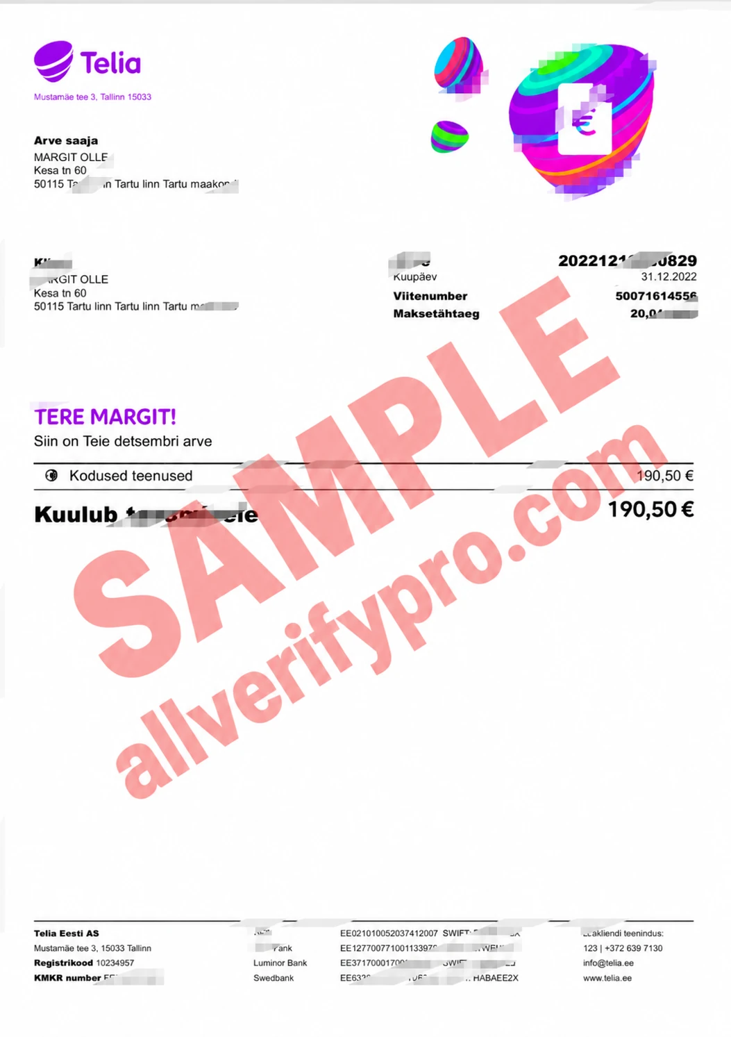 Estonia Telia Internet Bill Word and PDF Template (2 Pages)