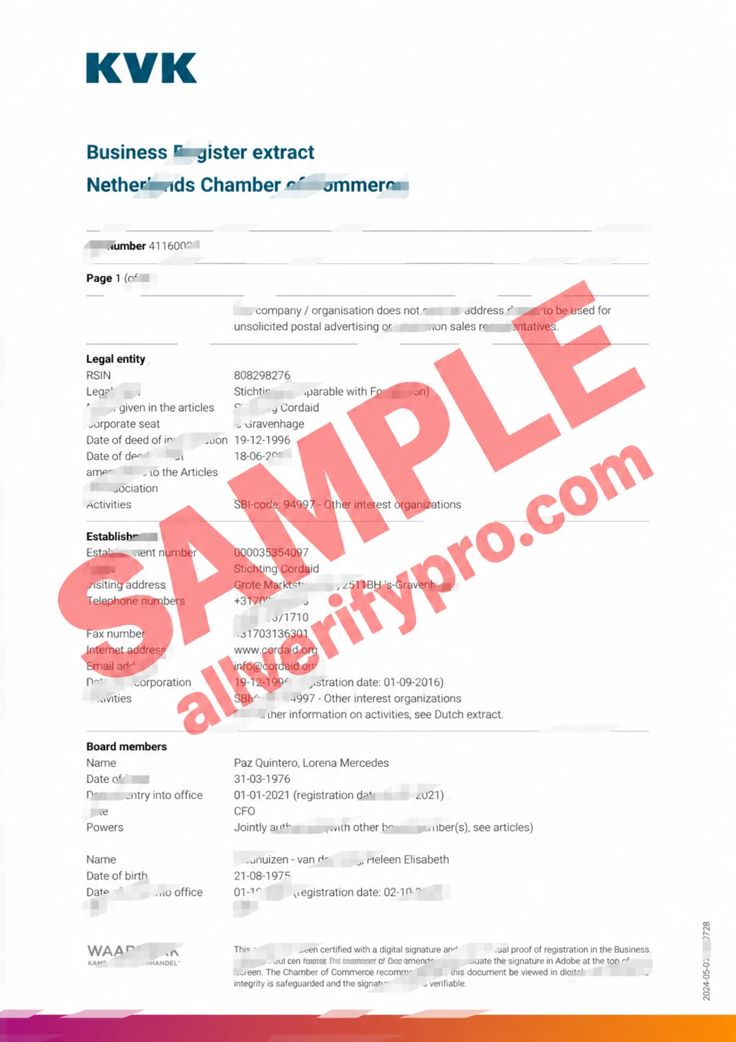 荷兰 KVK 商业登记摘录 Word 和 PDF 模板(5 页)Netherlands KVK Business Register Extract Word and PDF Template (5 Pages)