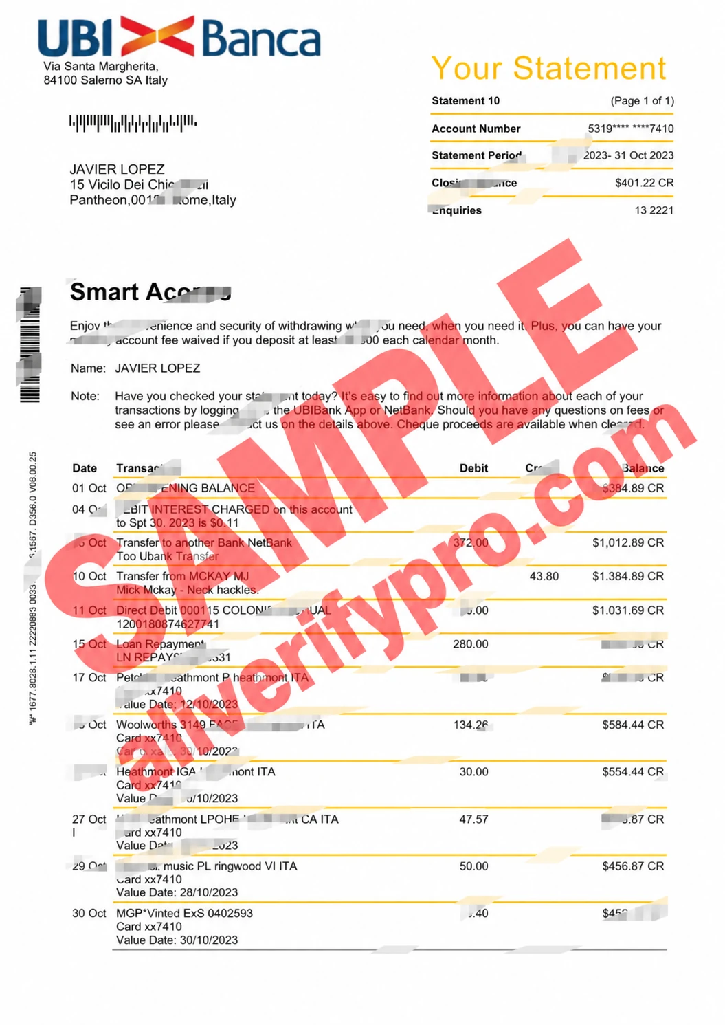 Italy UBI Banca Bank Statement Word and PDF Template