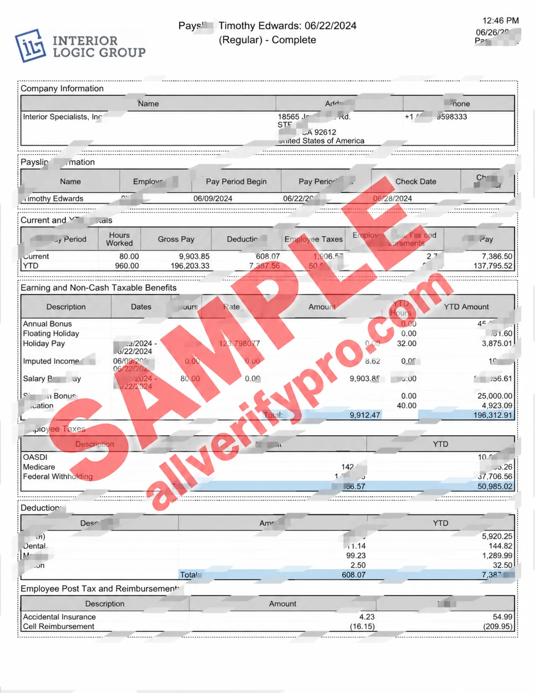 Modelo de contracheque do Interior Logic Group dos EUA em Word e PDF (4 páginas)