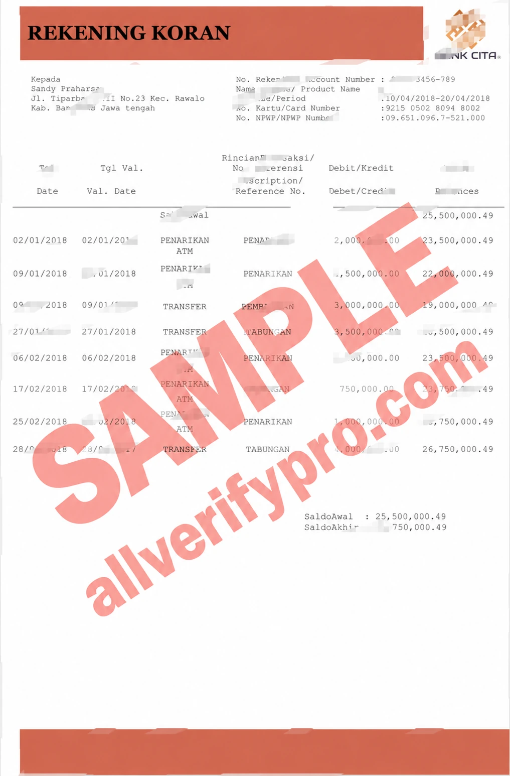 Plantilla de extracto bancario de Cita Bank de Indonesia en Word y PDF