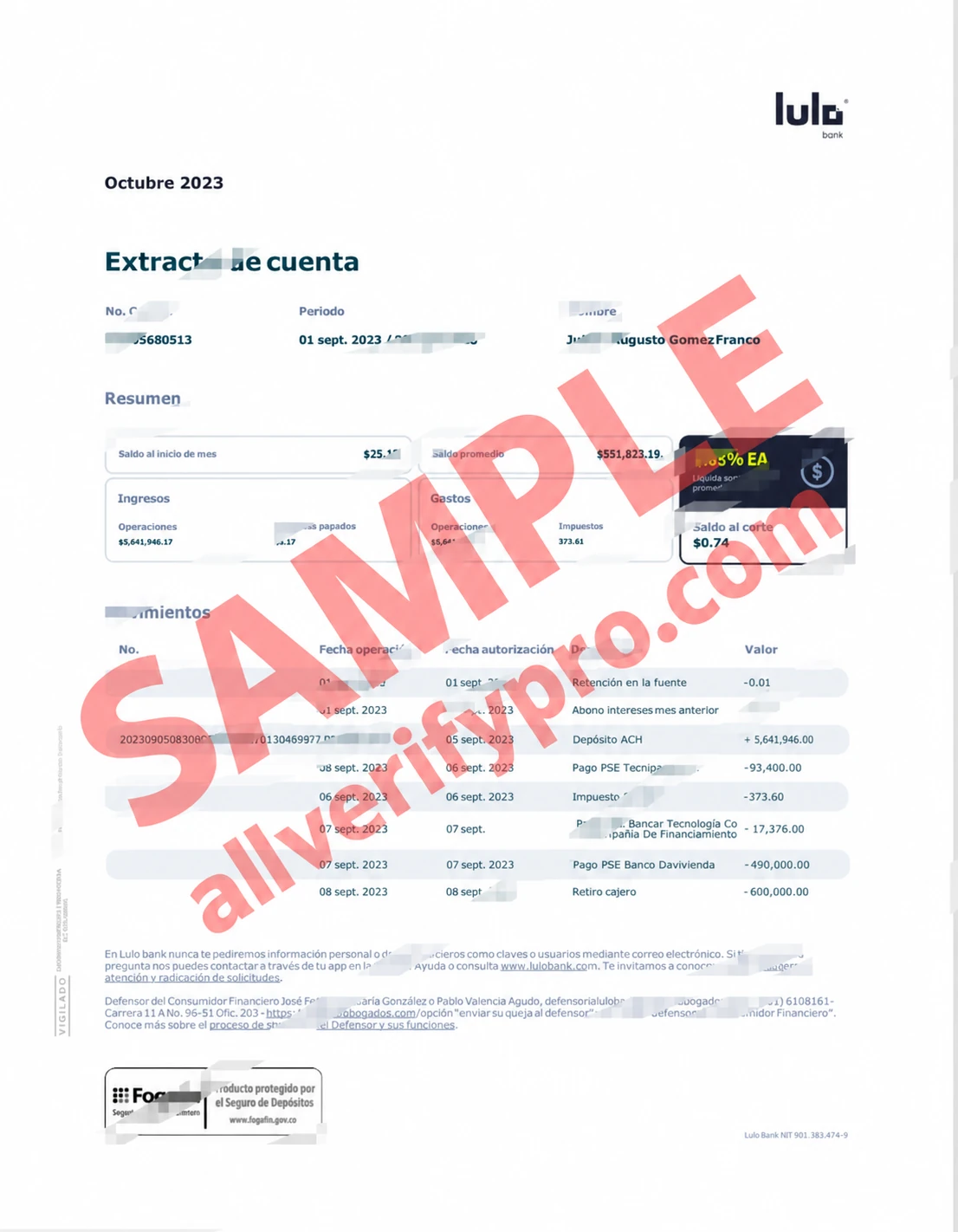Word- und PDF-Vorlage für den Sparkontoauszug der kolumbianischen Lulo Bank (2 Seiten)