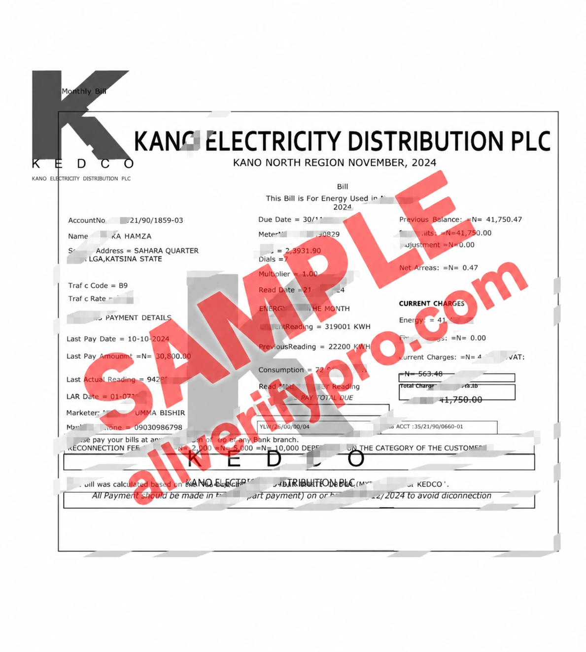 Modelo de fatura mensal de eletricidade da KEDCO da Nigéria em Word e PDF