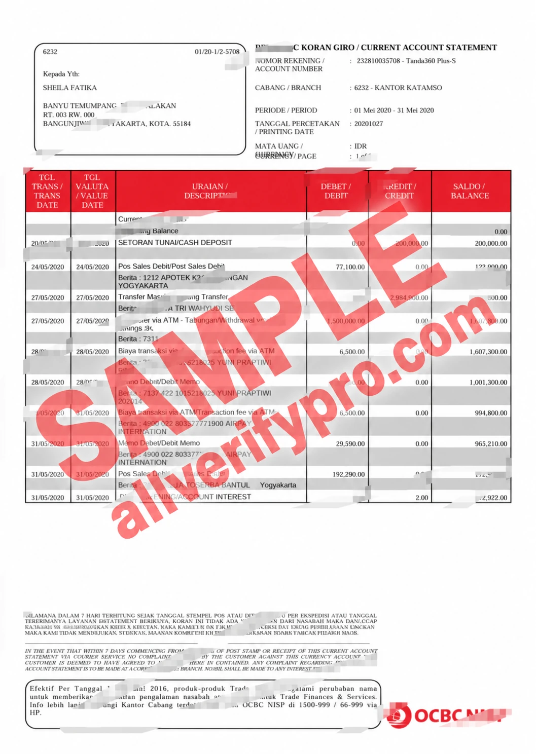 Modelo de relatório do banco OCBC NISP da Indonésia, em Word e PDF (2 páginas)