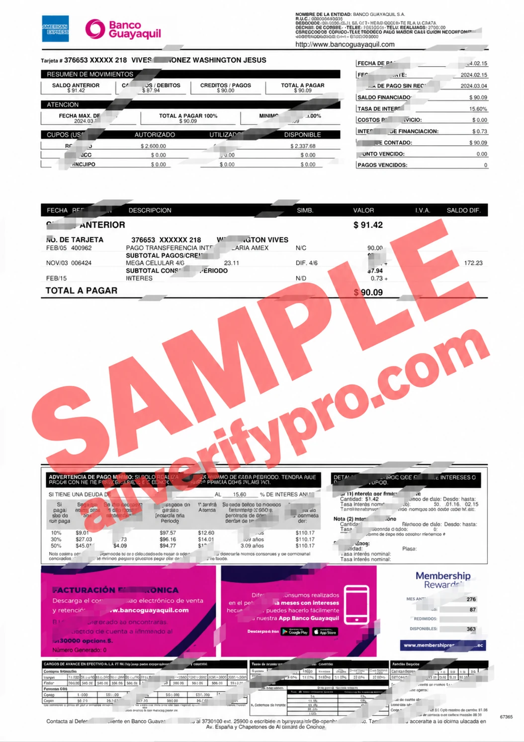 Modelo de extrato bancário do Guayaquil, Equador, em Word e PDF (2 páginas)