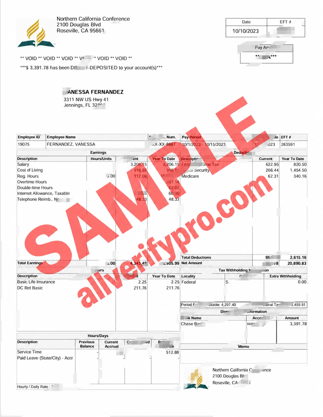 Northern California Conference, USA Payslip (Word and PDF Templates)
