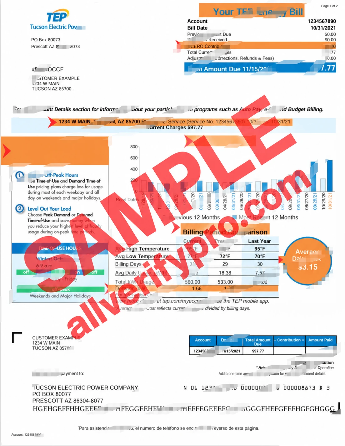 Tucson, USA Electric Utility Bill Word and PDF Template (2 pages)