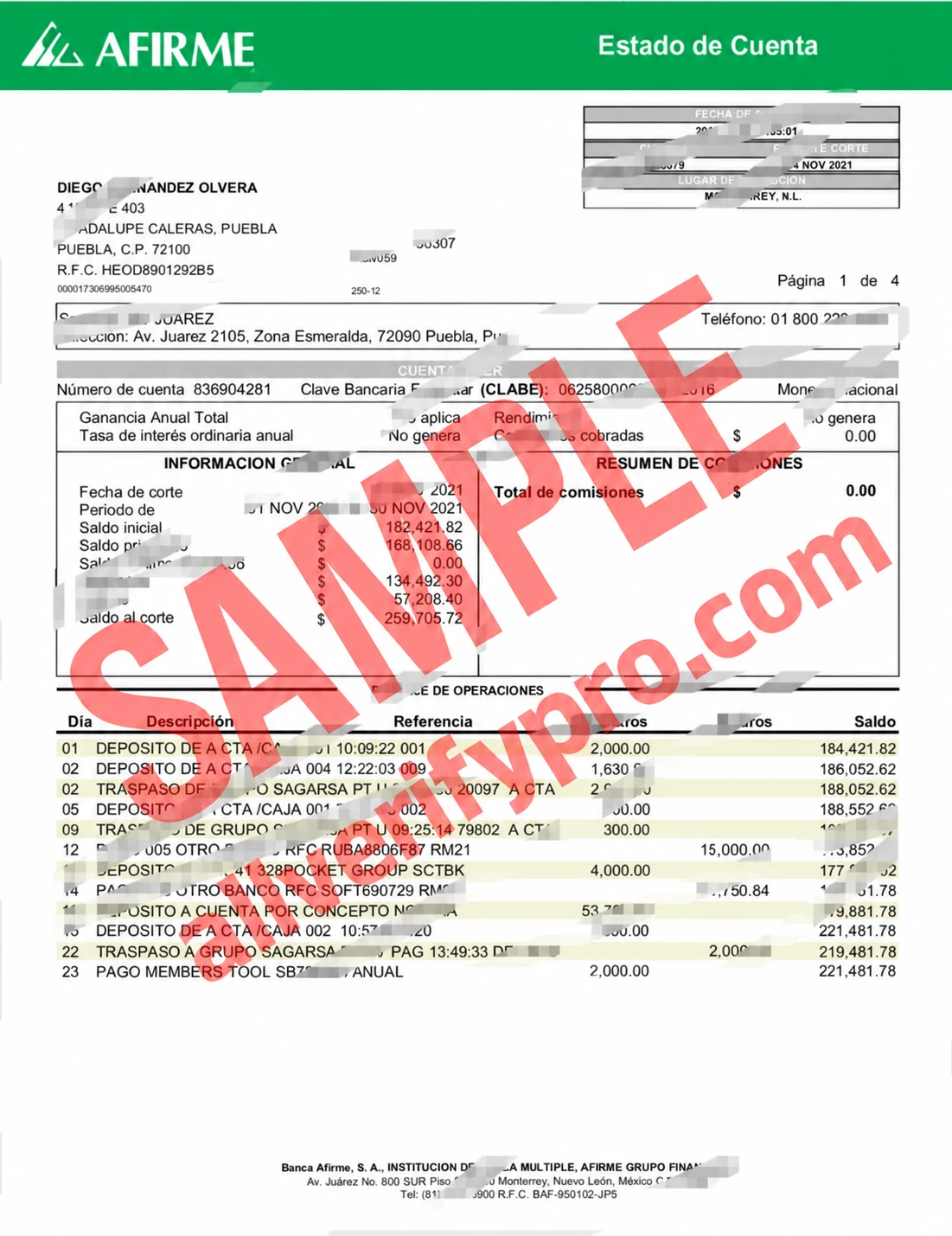 Plantilla de extracto bancario de Afirme de México en Word y PDF (4 páginas)