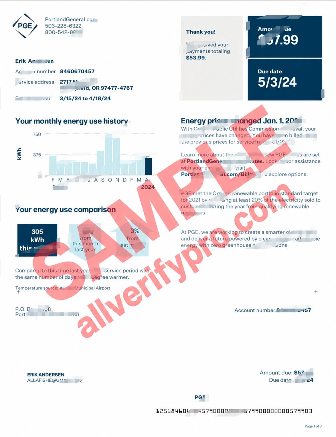 เทมเพลตใบเรียกเก็บค่าสาธารณูปโภค Portland General Electric สหรัฐอเมริกา ในรูปแบบ Word และ PDF (3 หน้า)