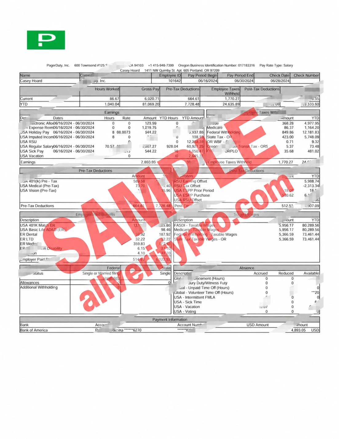 Modelo de contracheque da PagerDuty Inc dos EUA em Word e PDF (2 páginas)