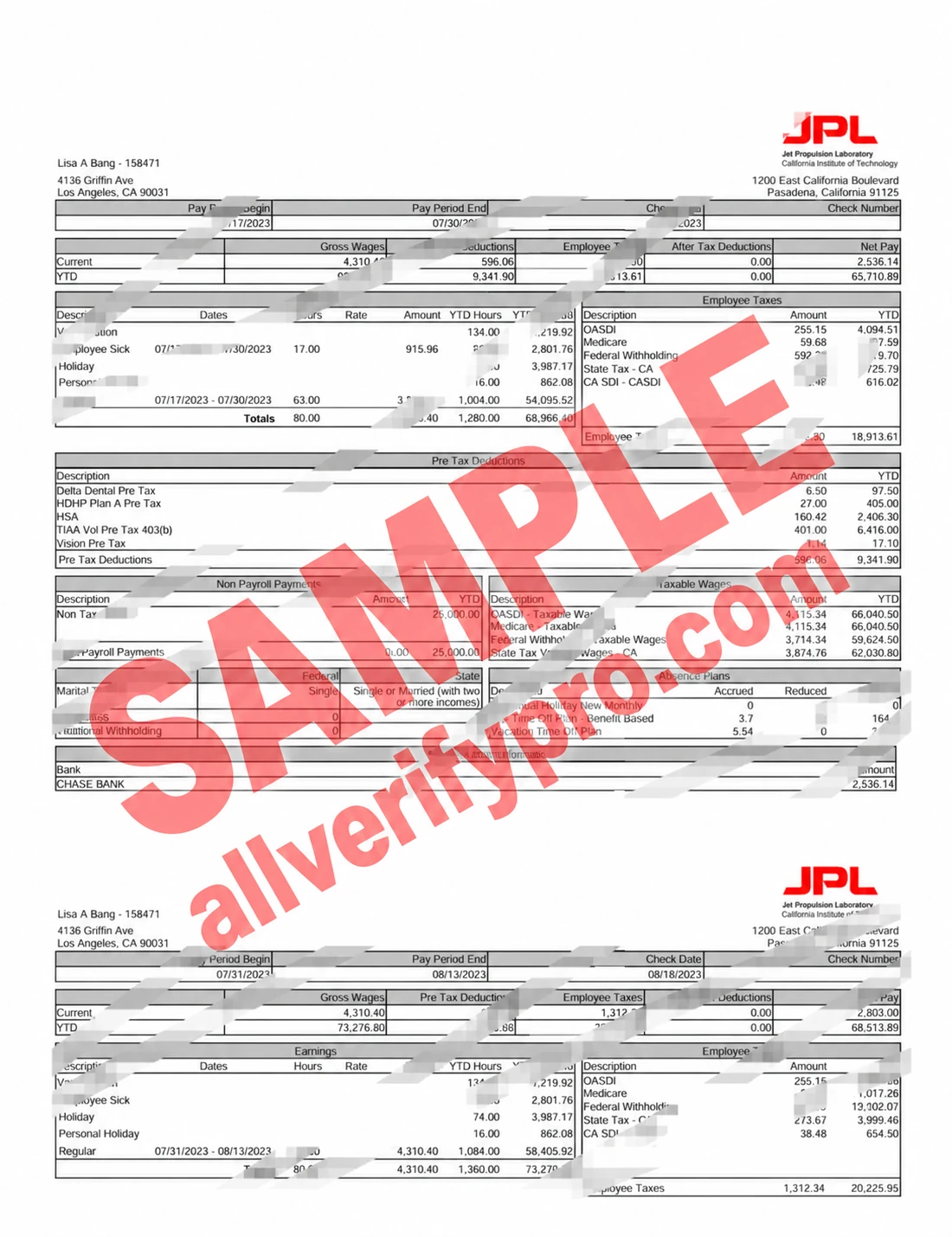 Plantilla de recibo de nómina de Jet Propulsion Laboratory de Estados Unidos en Word y PDF (5 páginas)