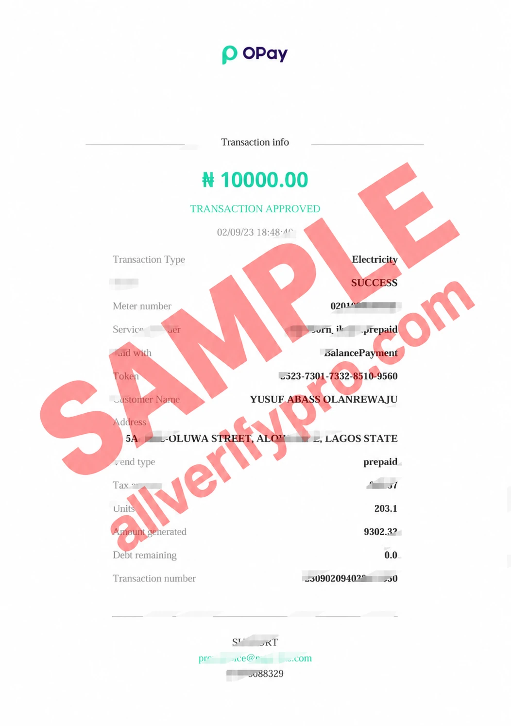 Nigeria OPay Electricity Token Receipt Word and PDF Templates