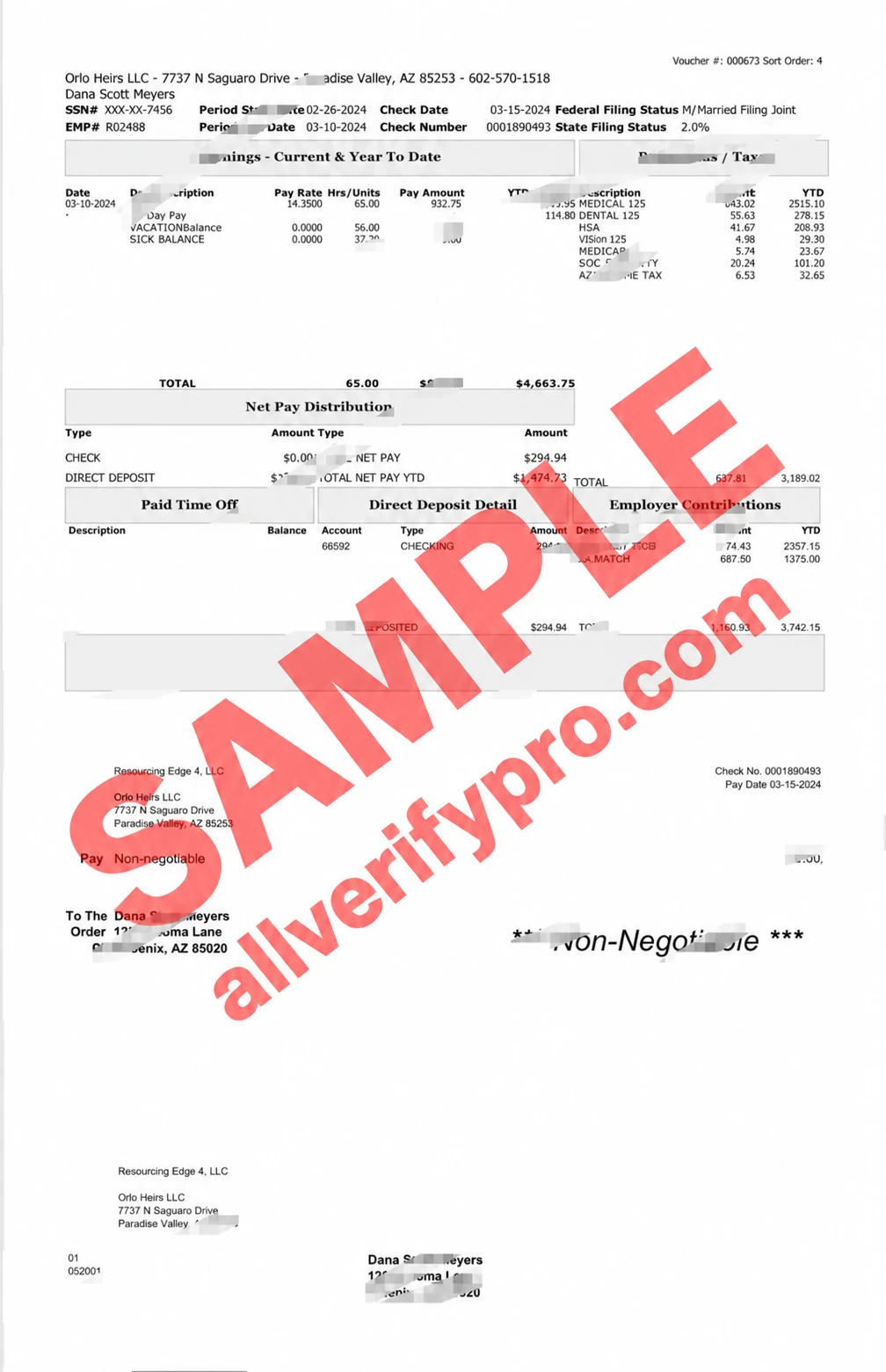 Modelo de contracheque da Orlo Heirs LLC dos EUA em Word e PDF