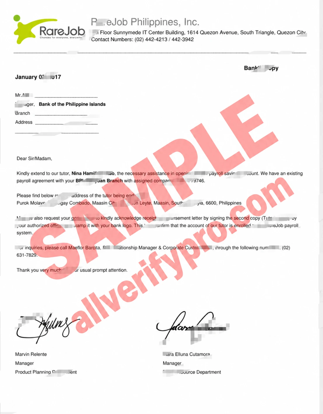Modelo de carta de recomendação bancária da RareJob Inc das Filipinas em Word e PDF (2 páginas)