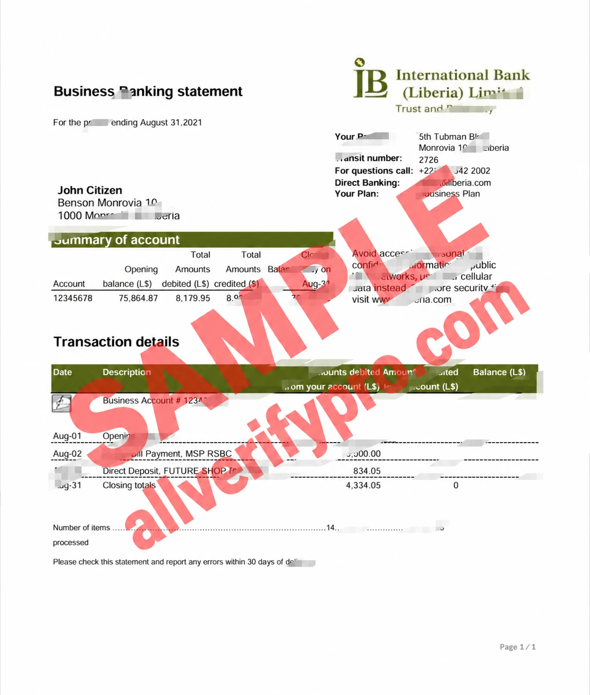 Liberia International Bank Business Banking Statement Word and PDF Template