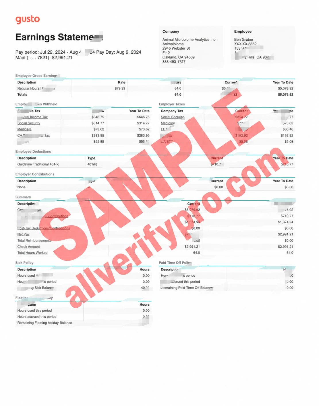 USA Gusto PayStub Word and PDF Template