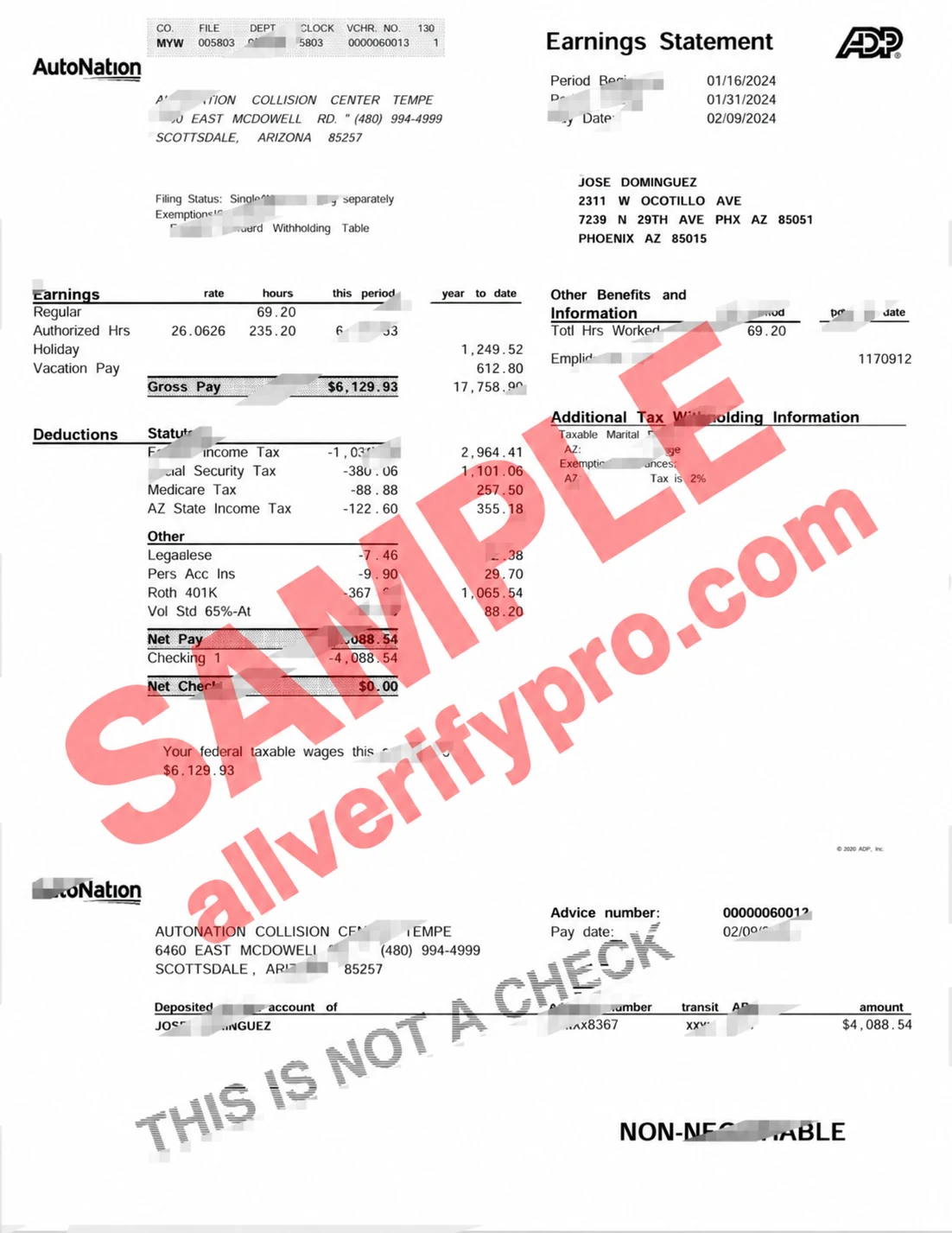 USA AutoNation PayStub Word and PDF Template (4 Pages)