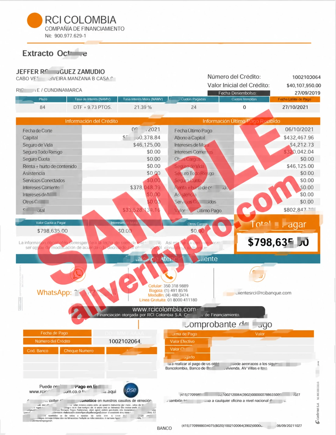Colombia RCI Colombia Bank Statement Word and PDF Template (2 Pages)