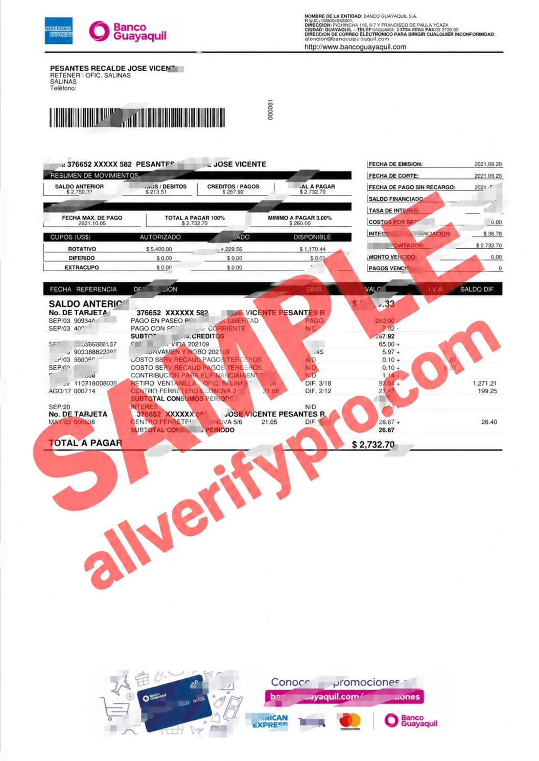 เทมเพลตใบแจ้งยอดบัตรเครดิต Banco Guayaquil ประเทศเอกวาดอร์ รูปแบบ Word และ PDF (2 หน้า)