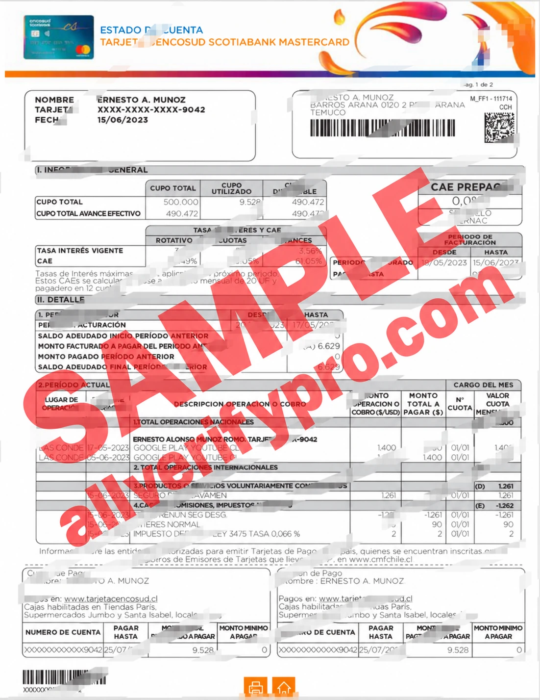 Chile Cencosud Scotiabank Credit Card Statement Word and PDF Template (3 Pages)