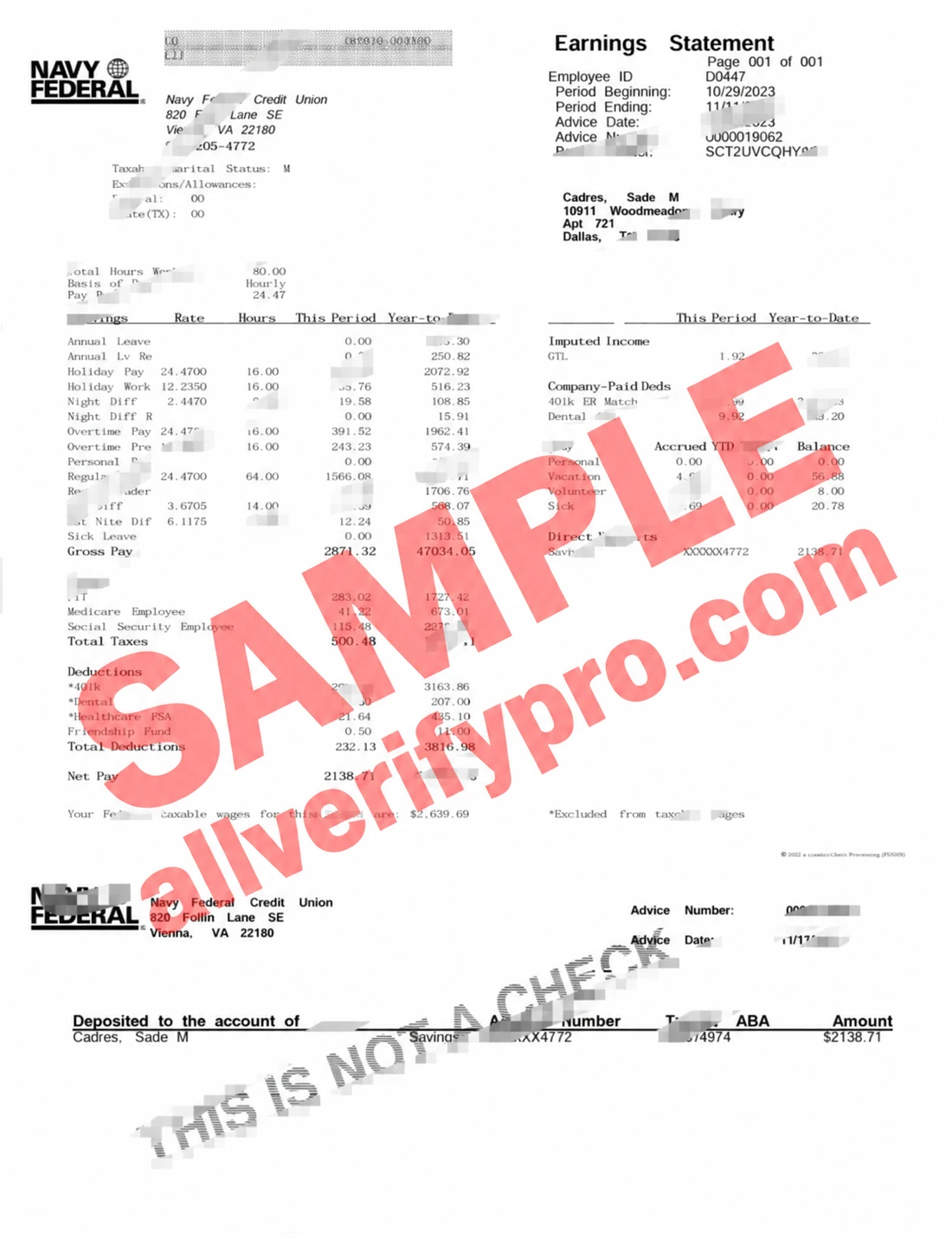 Modelos de contracheque da Navy Federal Credit Union dos Estados Unidos em Word e PDF