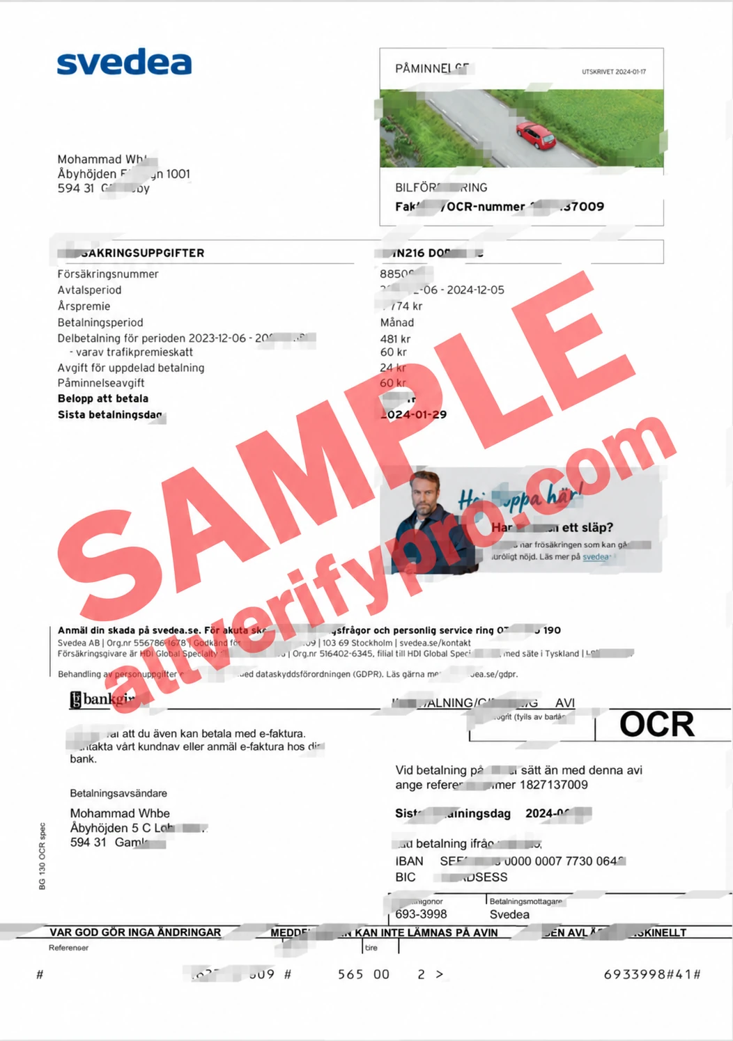Swedish Car Insurance Premium Reminder Word and PDF Template