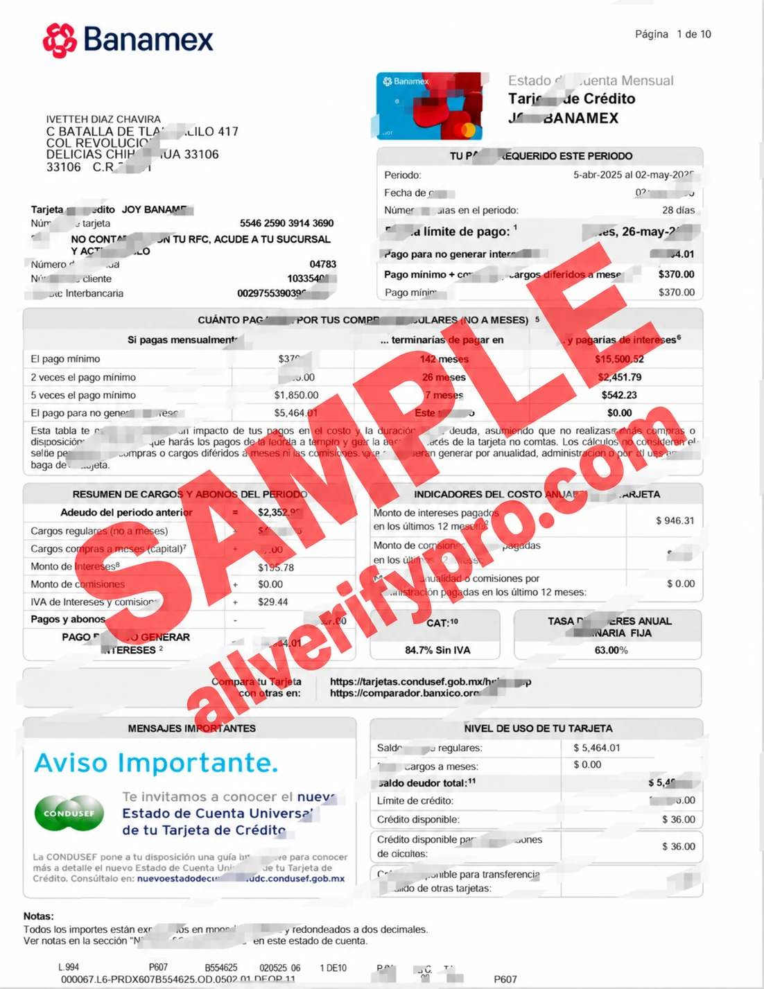 Mexico Banamex Credit Card Statement Word and PDF Template (10 Pages)