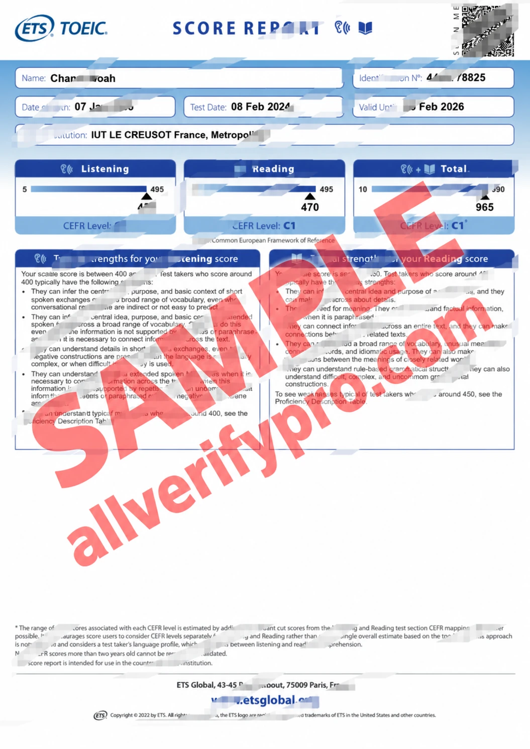 France Educational Testing Service TOEIC Score Report Word And PDF Template