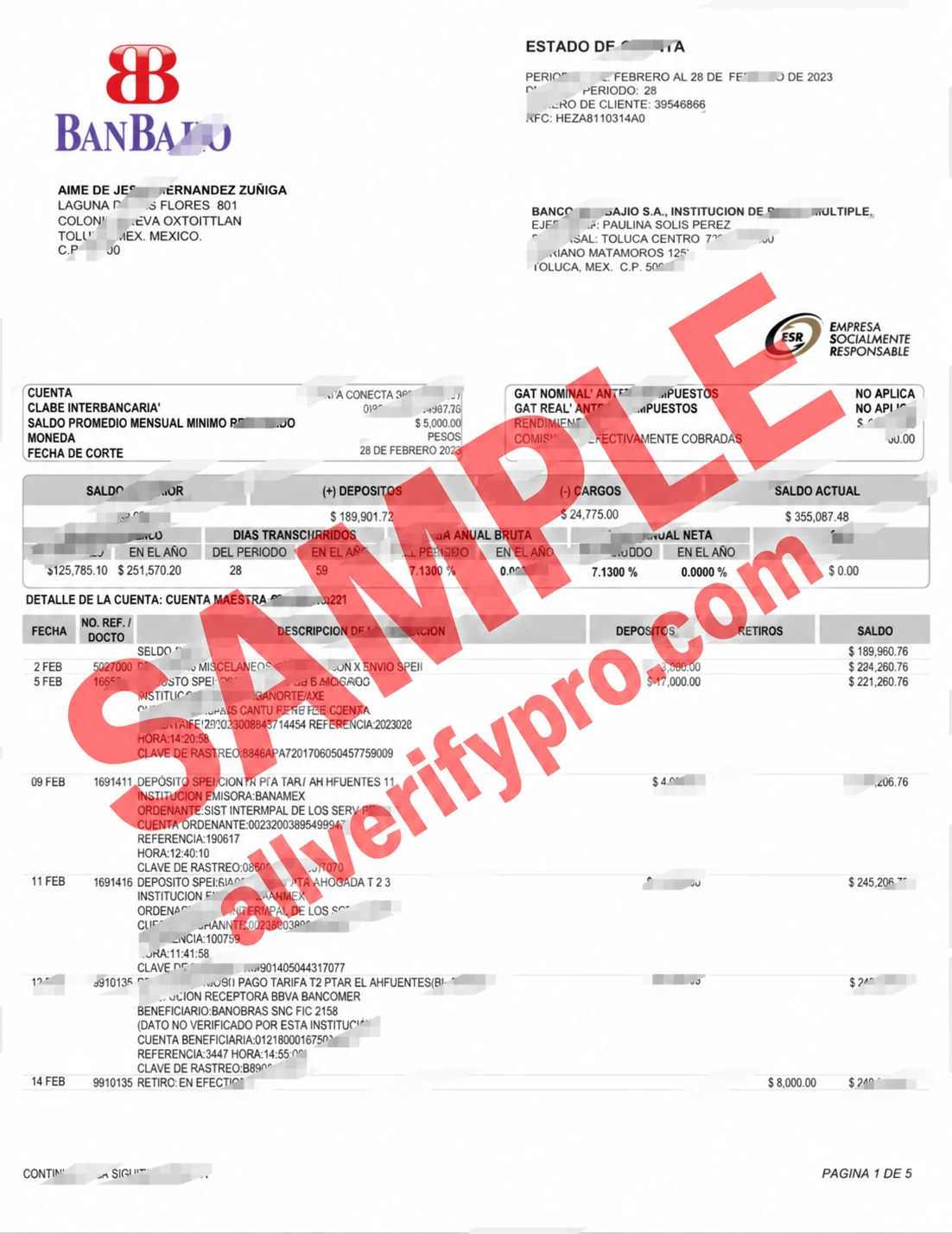 Mexico BanBajio Bank Statement Word And PDF Template (5 Pages)