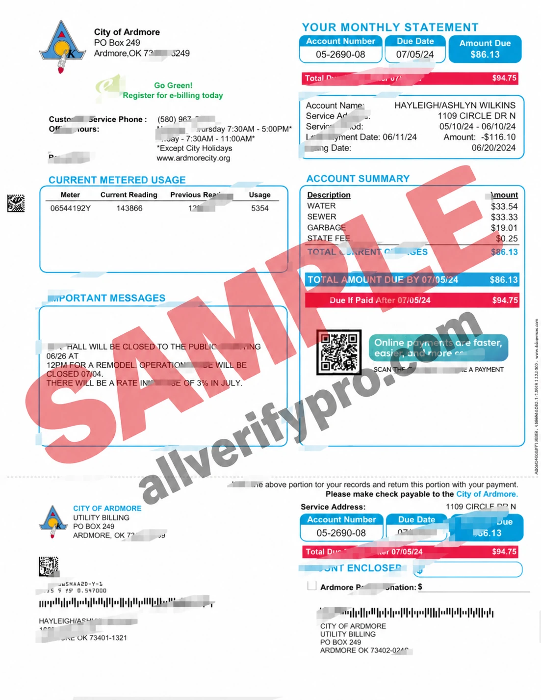 Modelo de conta de serviços públicos de Ardemore, Oklahoma, Estados Unidos, em Word e PDF (2 páginas)