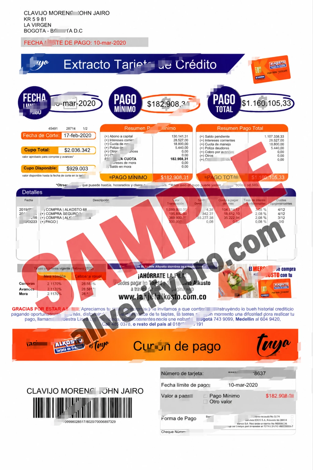 Plantilla en Word y PDF de estado de cuenta de tarjeta de crédito de Tuya Alkosto, Colombia