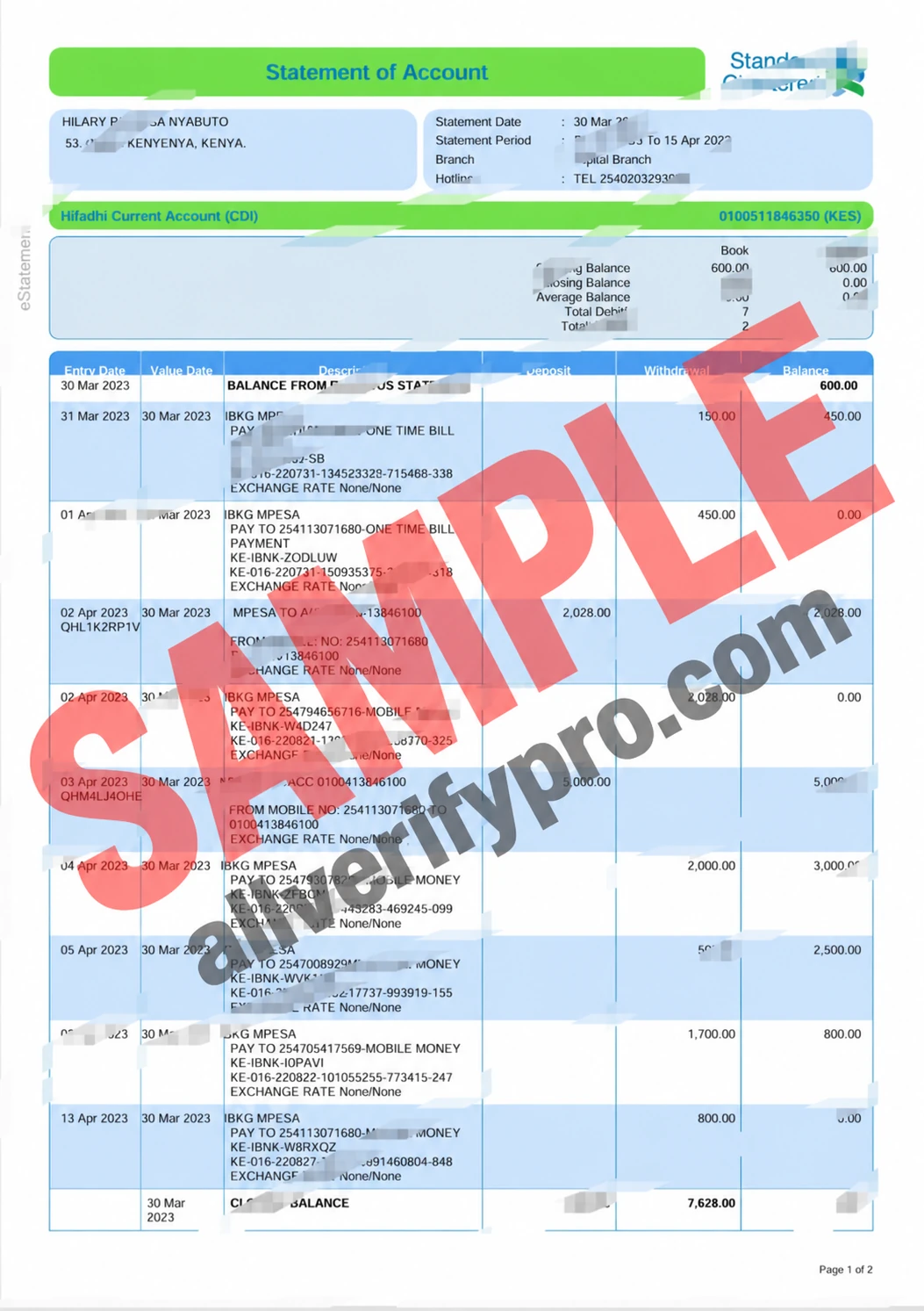 肯亞渣打銀行對帳單 Word 和 PDF 範本（2 頁）