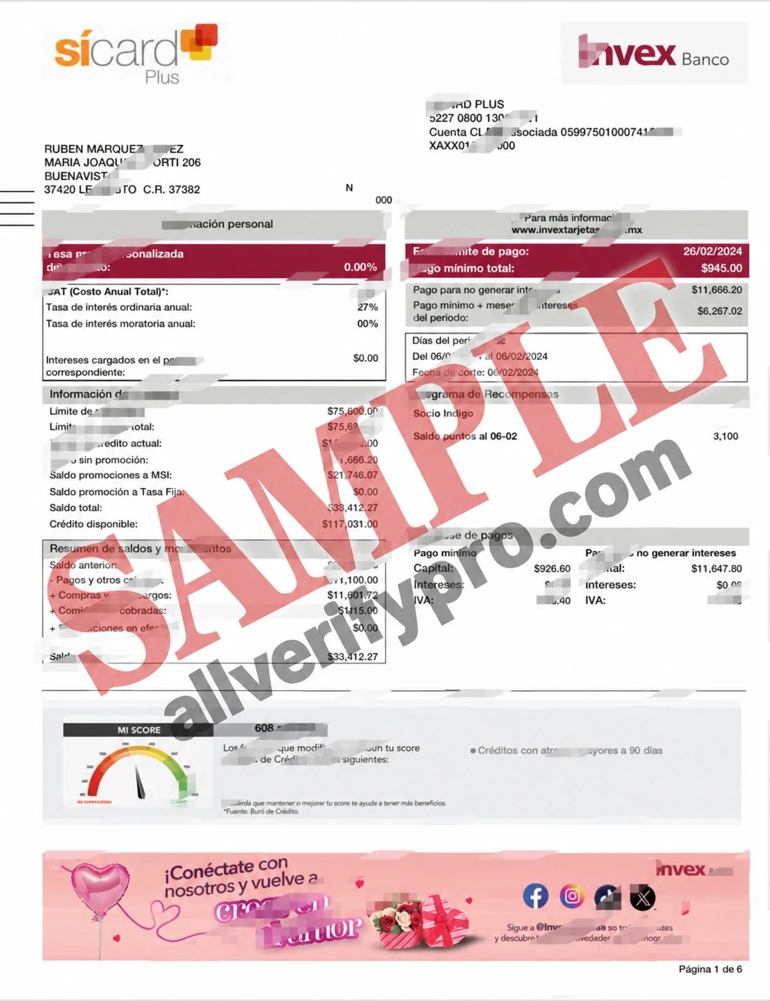 Шаблон выписки по кредитной карте Invex Banco в Мексике Word и PDF (5 страниц)