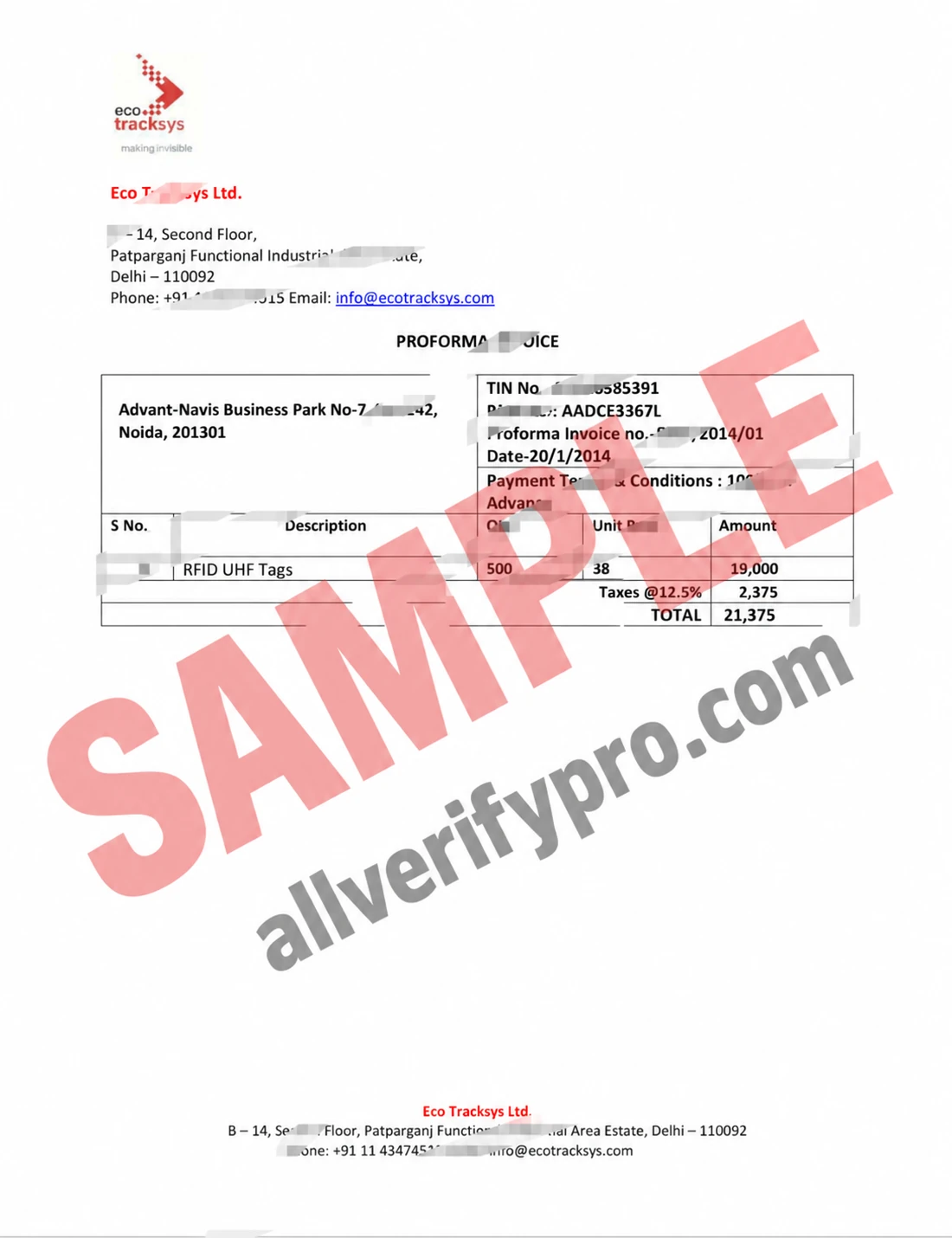 India Eco Tracksys Proforma Invoice Word and PDF Template