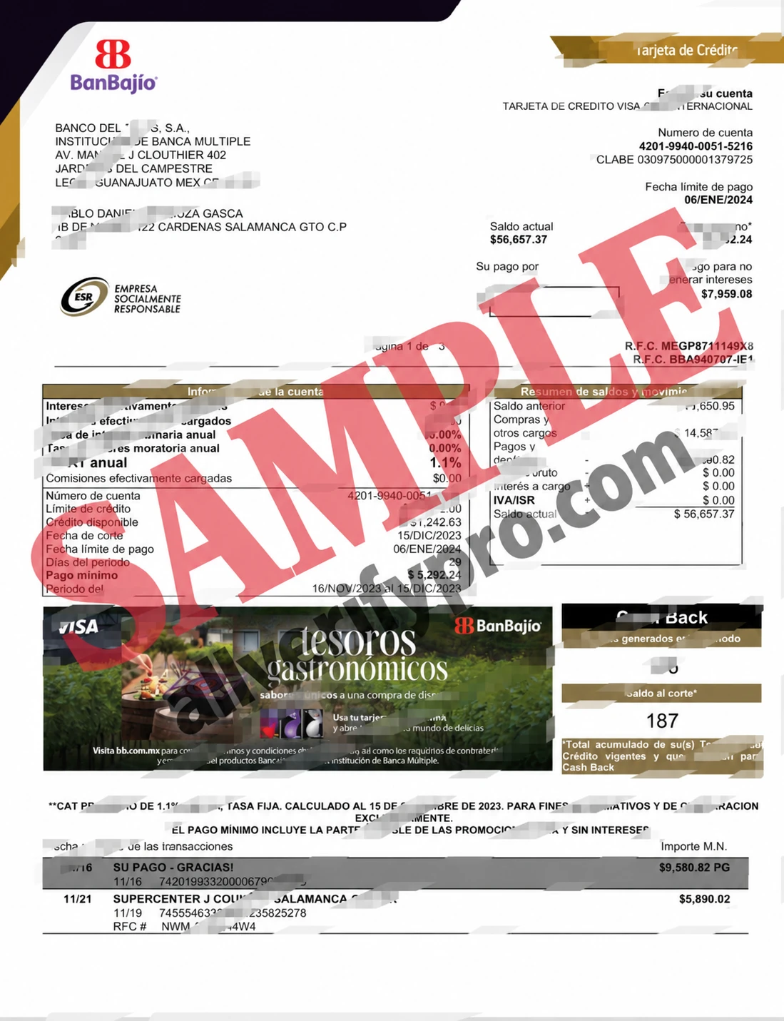 Plantilla de estado de cuenta de tarjeta de crédito de BanBajío, México, en Word y PDF (3 páginas)