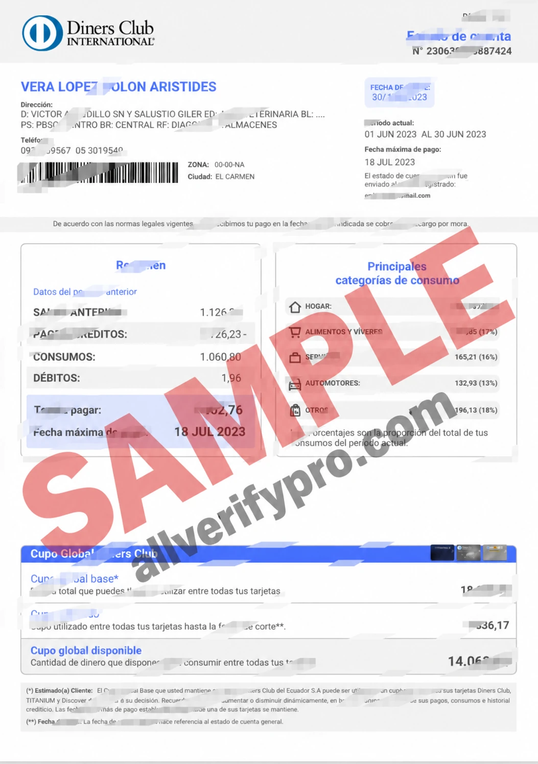 เทมเพลตใบแจ้งยอดบัตรเครดิต Diners Club เอกวาดอร์ ในรูปแบบ Word และ PDF (6 หน้า)