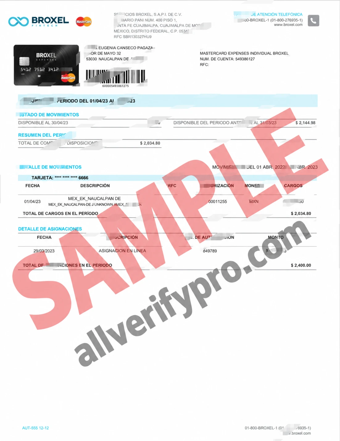 Word- und PDF-Vorlage für den Ausgaben-MasterCard-Kontoauszug von Broxel, Mexiko