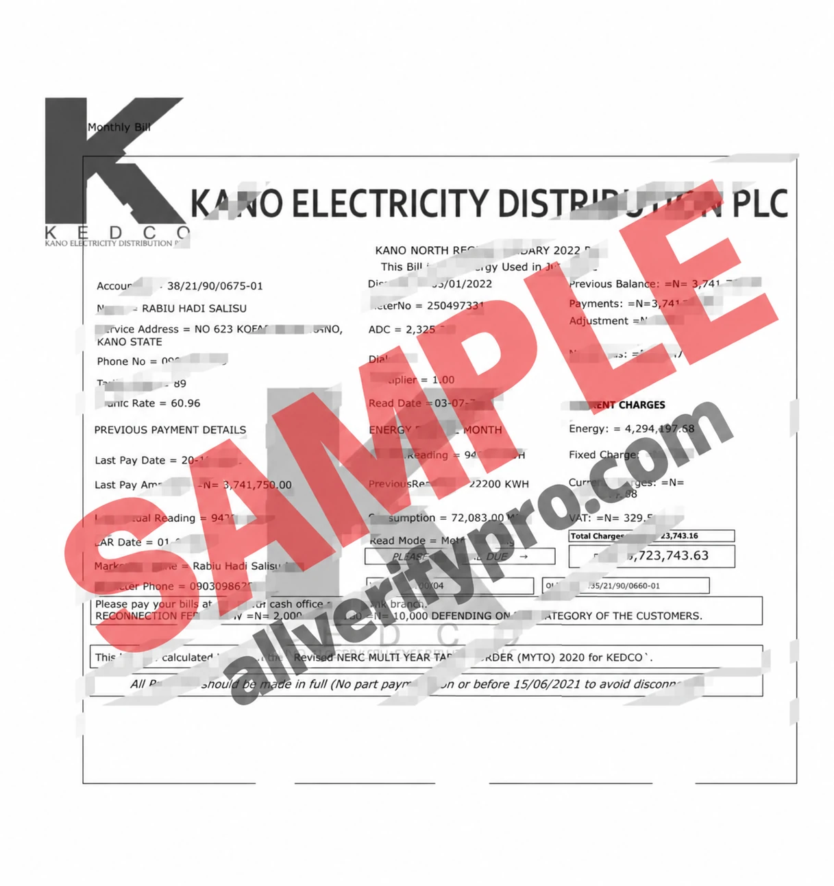 Word- und PDF-Vorlage für die Versorgungsrechnung der Kano Electricity Distribution Company, Nigeria