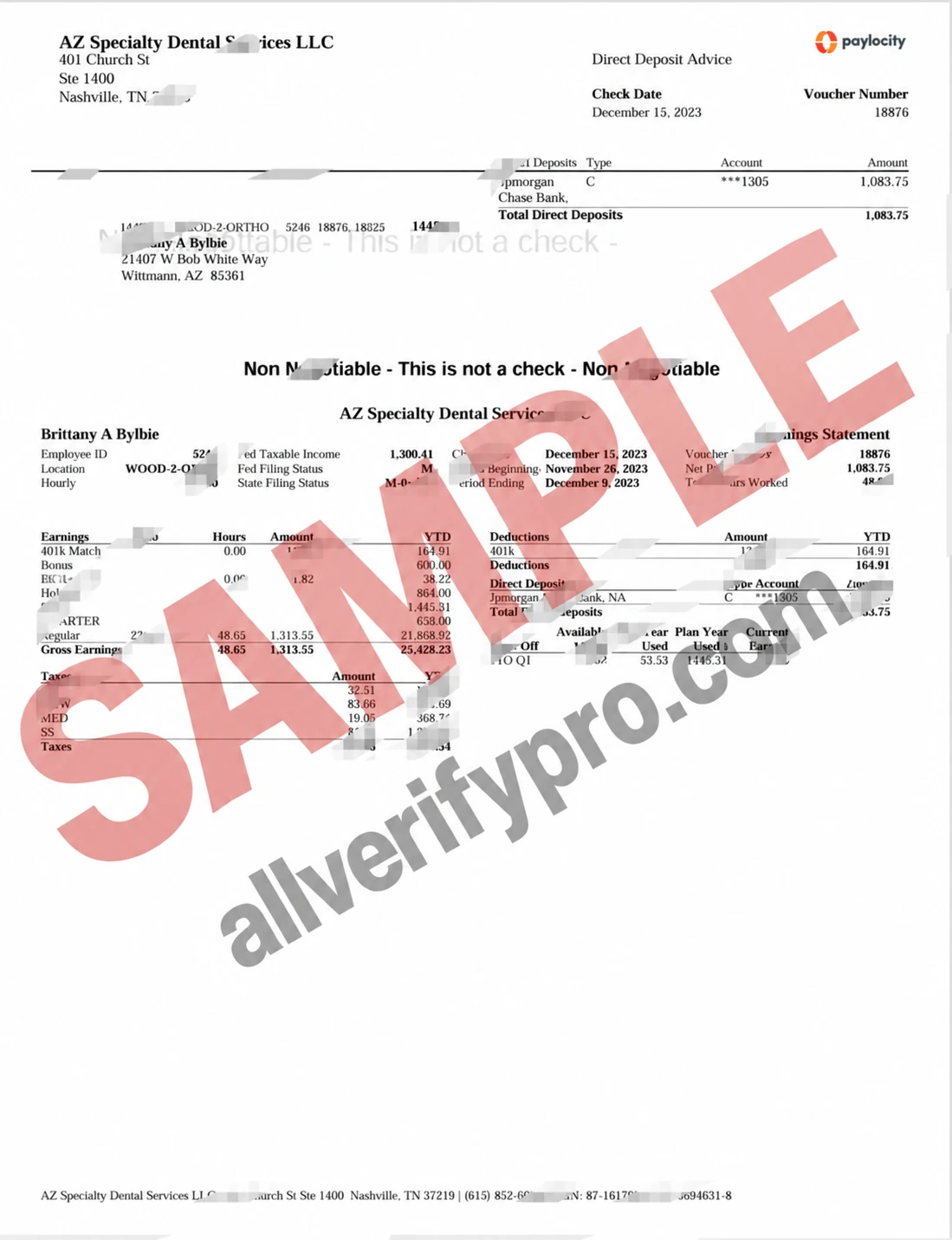 美国亚利桑那州专业牙科服务有限公司工资单 Word 和 PDF 模板(2 页)USA AZ Specialty Dental Services LLC Paystub Word And PDF Template (2 Pages)