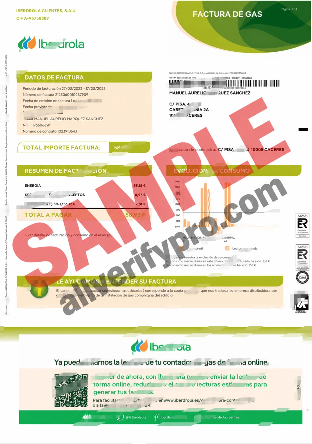Plantilla de factura de gas de Iberdrola España en Word y PDF (4 páginas)