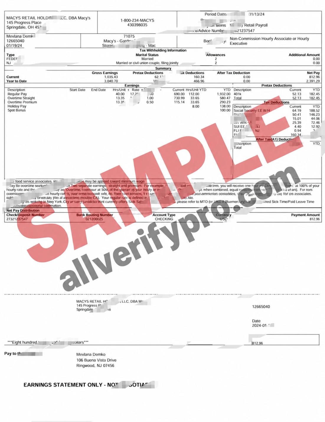 Gehaltsabrechnungsvorlage für Macy’s Retail Holdings, LLC, USA (Word und PDF, 2 Seiten)