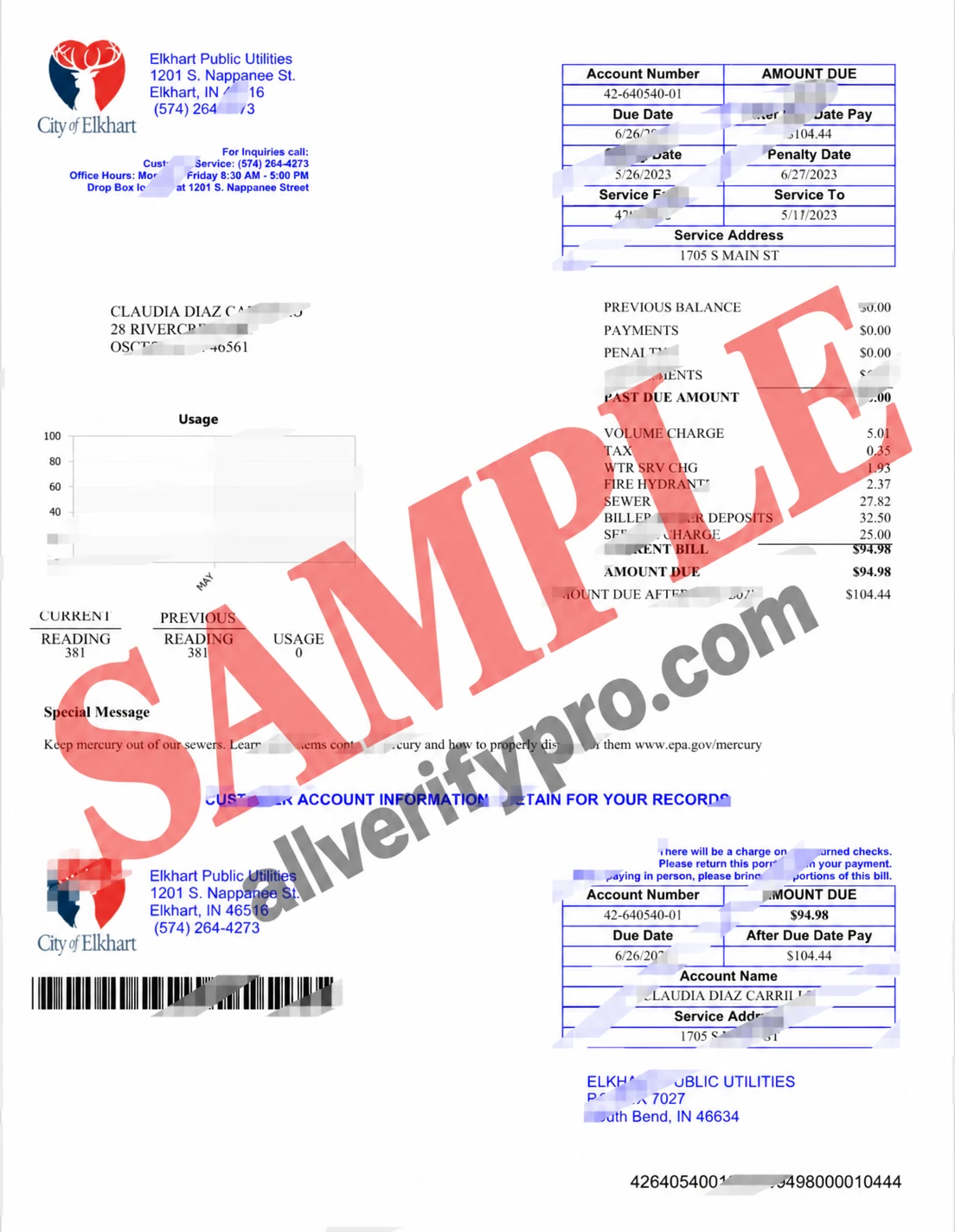 Vorlage für die Versorgerrechnung von Elkhart Public Utilities, USA (Word und PDF)